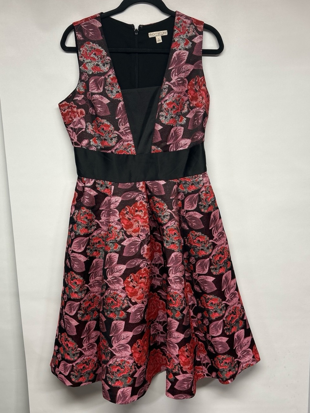 Floral Jacquard Midi Dress with Black Waistband